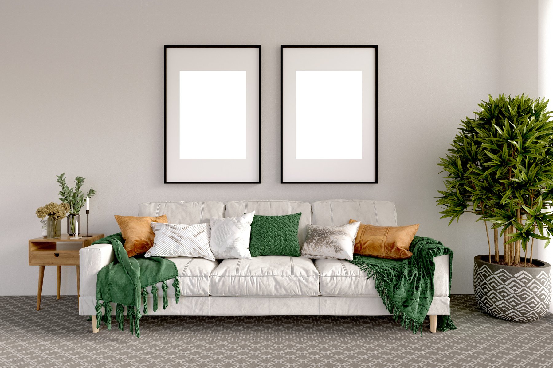 Cozy Home Interior with Sofa And Blank Frames Mockup